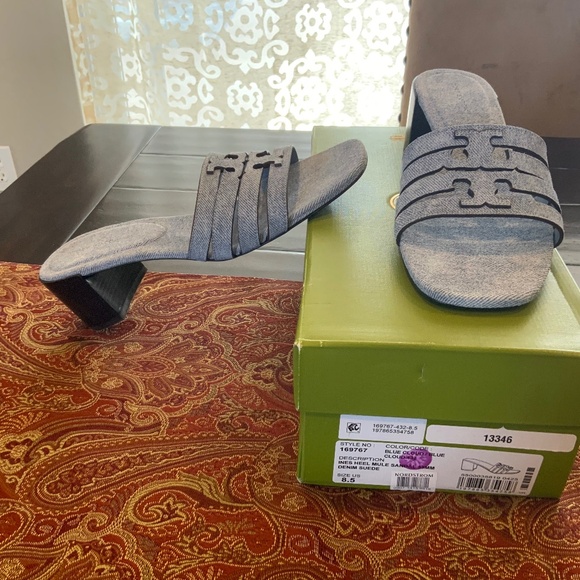 Tory Burch Ines Heel Mule Sandal 55MM Denim Suede in Blue Cloud Sz 8.5,BNIB, - Picture 1 of 6